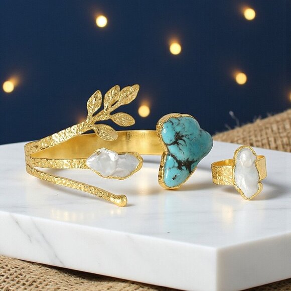 ๐๏ธ Boho Artisan Jewelry Set 18K Gold Plated Genuine Turquoise Baroque Pearls - Picture 1 of 12